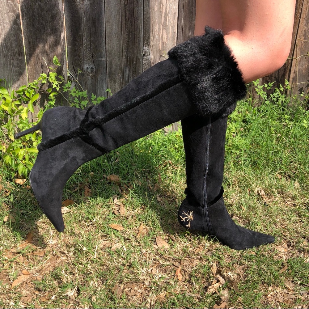 Black Vintage Knee High Fur Boots